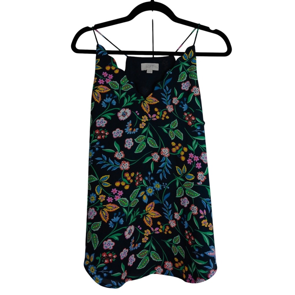 LOFT Outlet Floral Scallop V-Neck Cami Tank Top Size Small Navy Blue Spaghetti